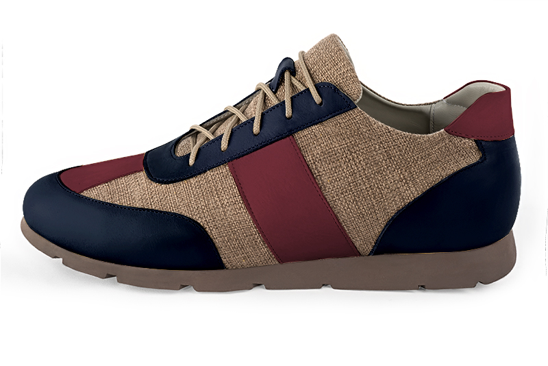 Navy blue, caramel brown and burgundy red three-tone dress sneakers for men. Round toe. Flat rubber soles. Profile view - Florence KOOIJMAN